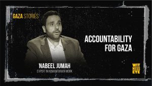 Accountability for Gaza, highlighting survivors’ testimonies demanding justice, dignity, and recognition of war crimes.