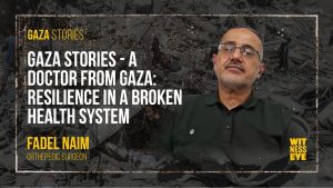 Dr. Fadel Naim working inside a war-damaged Gaza hospital symbolizing resilience and medical dedication