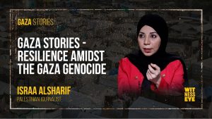 A Palestinian woman, Israa Al-Sharif, standing amidst the ruins of Jabalia, Gaza, symbolizing resilience and survival during the Gaza Genocide.