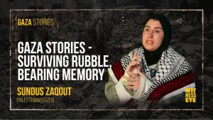 Sundus Zaqout, a 27-year-old Gazan survivor, rescued from beneath four floors of rubble after an airstrike destroyed her family home.